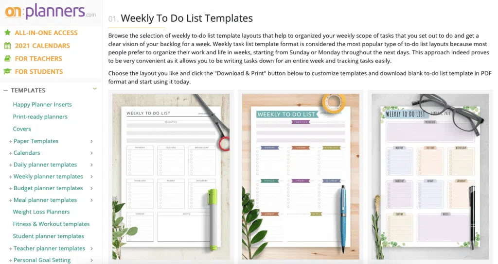 onplanners to-do list templates